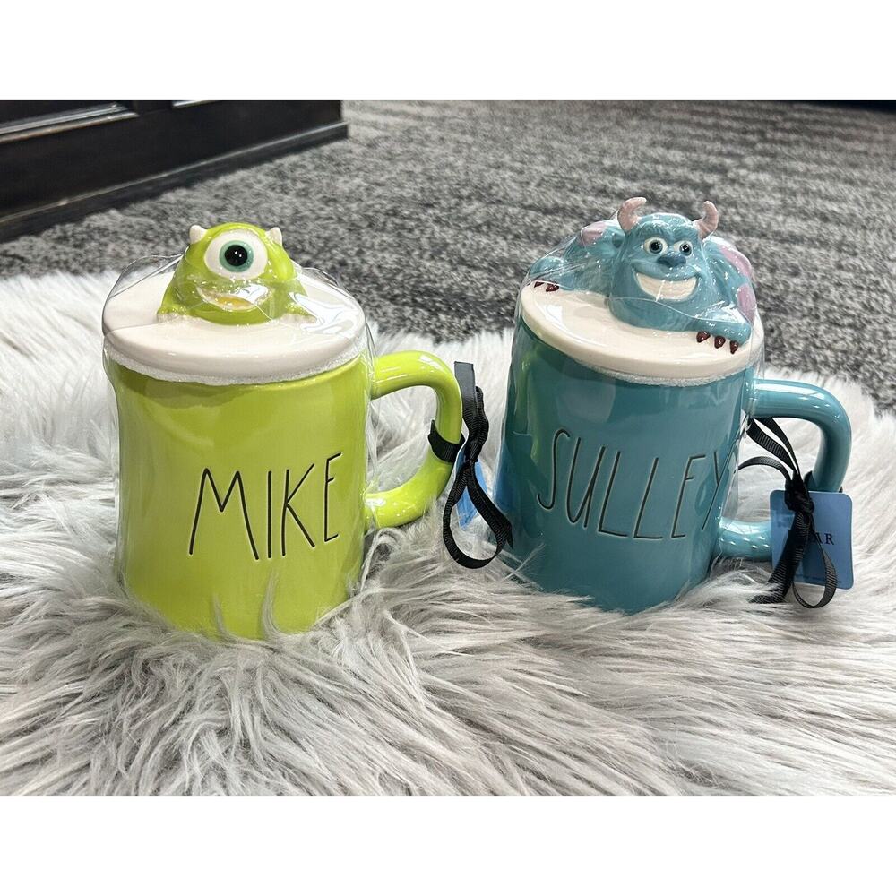 Rae Dunn Disney Pixar Mike and Sully Topper Artisan Coffee Mug Set Monsters Inc